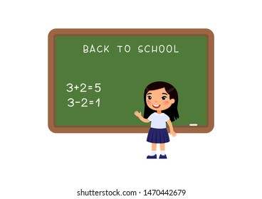 School girl standing at blackboard flat vector illustration. Elementary school pupil solving mathematical exercise near chalkboard cartoon character. Addition and subtraction task on math lesson