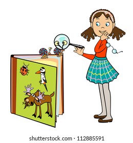  school girl standing by book of animals and holding magnifying glass,children vector illustration isolated on white background,nature lesson