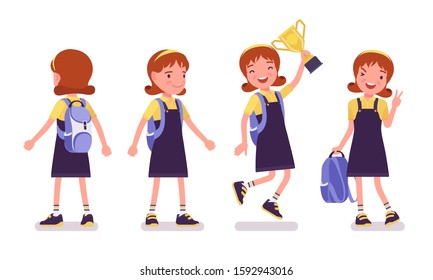 School girl standing. Cute small lady in pretty pinafore dress with rucksack, active young kid, smart elementary pupil aged between 7, 9 years old. Vector flat style cartoon illustration, front, rear