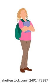 School girl standing, holding books. Girl kid wearing backpack and colorful casual clothes. Back to school concept. Vector illustration isolated on white background.
