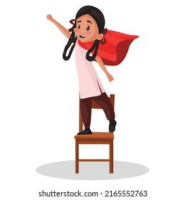 School girl is standing on the chair and wearing a superhero cape. Vector graphic illustration. Individually on white background.