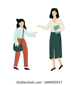 School girl standing at the teacher and ask for help. Pupil with bag talking to a woman. Isolated vector illustration in cartoon style