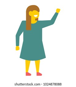A school girl standing wearing casual dress lifted his left hand upward, flat vector icon 