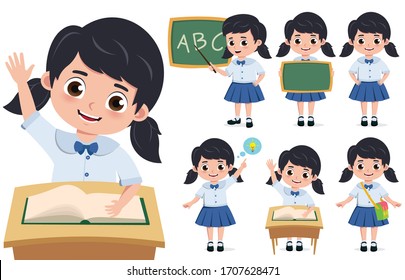 School girl student character vector set. Back to school elementary kid characters sitting in desk, wearing school uniform isolated in white background. Vector illustration.   