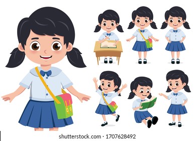 School girl student character vector set. Student girl for back to school elementary characters doing educational activity like reading book and writing in desk isolated in white background.