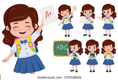 School girl student character vector set. School girl student characters in happy face holding paper with high grade and writing in chalkboard  for education related design. Vector illustration.