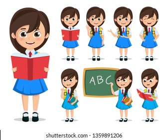 School girl student vector character set. Back to school kid cartoon character wearing uniform reading books and doing education activities in white background. Vector illustration.
