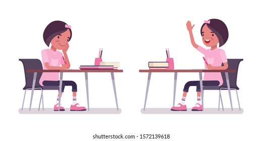 School girl studying at the desk with books. Cute small lady in pink tshirt, active young kid, smart elementary pupil aged between 7 and 9 years old. Vector flat style cartoon illustration