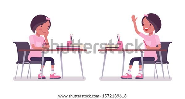 School Girl Studying Desk Books Cute Stock Image Download Now