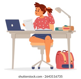 School girl studying at home making homework sitting at desk and looking to laptop flat vector illustration isolated on white. Primary school kid studying online or homeschooling.