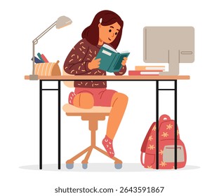 School girl studying at home making homework sitting at desk and reading textbook flat vector illustration isolated on white. Primary school kid studying online or homeschooling.