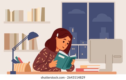School girl studying at home sitting at desk in her room reading flat vector illustration. Primary school kid studying online or homeschooling.