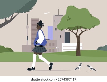 A school girl in a stylish pleated skirt and bomber jacket walks confidently along a tree-lined walkway, with skyscrapers and lively pigeons creating an urban backdrop, embodying youth and freedom