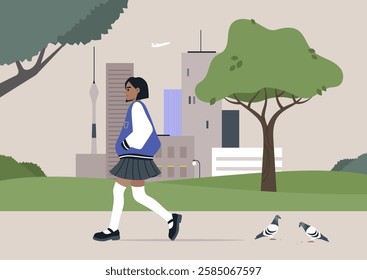 A school girl in a stylish pleated skirt and bomber jacket walks confidently along a tree-lined walkway, with skyscrapers and lively pigeons creating an urban backdrop, embodying youth and freedom