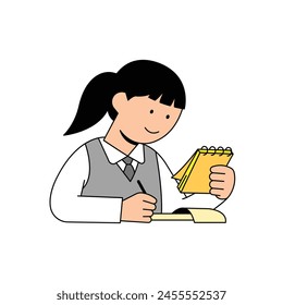 a school girl is taking notes of the class. she is holding a yellow note pad. cartoon style illustration clip art. 