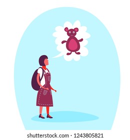 school girl thinking speech bubble teddy bear teenager girl dream toy concept isolated full length cartoon character flat