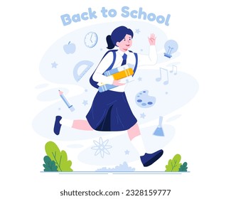 A School Girl in uniform with a backpack running happily back to school. Back to School concept illustration