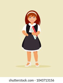 School girl in school uniform with books in her hands. Vector illustration