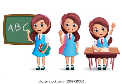 School girl vector character set. Student kid wearing school uniform with various postures like standing in chalkboard and studying in desk for back to school and education design. 3D realistic vector