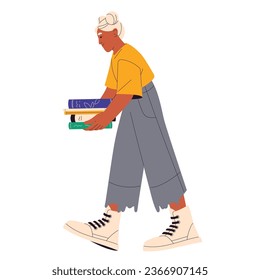 School girl walk with stack of textbooks. Young woman hold educational literature. People read book. Bookcrossing, reader study at library. Hobby flat isolated vector illustration on white background