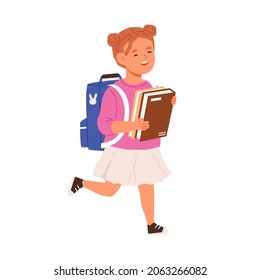 School girl walking with books and schoolbag. Happy kid first-grader going with bag and textbooks. Child schoolgirl running from library with joy. Flat vector illustration isolated on white background