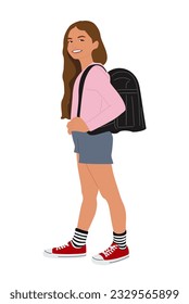 School girl walking to elementary or middle school with backpack side view. Kid character vector illustration isolated on white background. Back to school concept