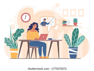 School girl watching video lesson sitting at table in front of laptop computer, vector flat illustration. Home schooling or home education. Remote distance education during coronavirus quarantine.