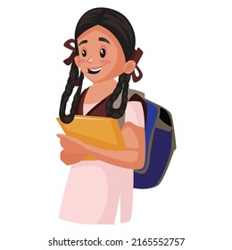 School girl is wearing a bag and holding books in her hands. Vector graphic illustration. Individually on white background. 