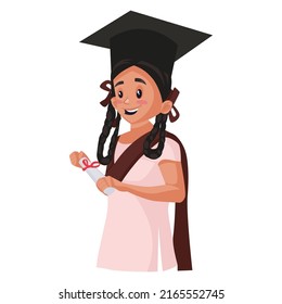 School girl is wearing a cap and holding a certificate in hand. Vector graphic illustration. Individually on white background.