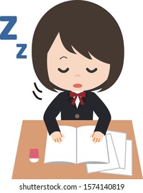 School girl who dozes over her work.