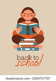 School girl, who sitting and reading book. Learning educational material. For school banner, card, badge, flyer. Back to School concept. Flat Design.	