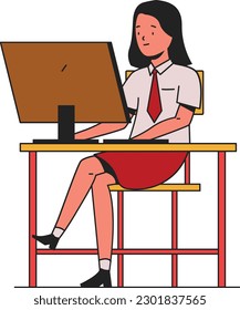 School Girl working on computer in office, flat vector illustration isolated.