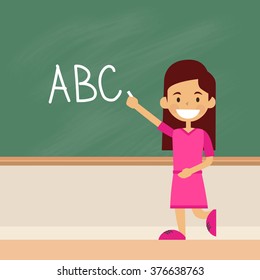 School Girl Write On Green Board Letters Alphabet Flat Vector Illustration