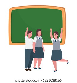 School girls and boy kids with board design, Education class lesson and knowledge theme Vector illustration