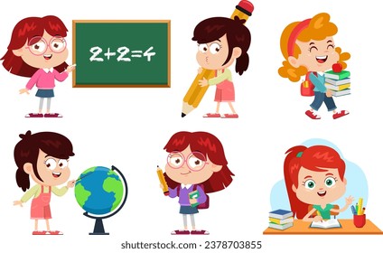 School Girls Cartoon Characters. Vector Flat Design Collection Set Isolated On Transparent Background