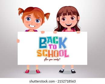 Schülerinnen Charakter, Vektordesign. Zurück zu Schultext in weißem Brett mit weiblichen Schülerinnen im Stehen, Vorzeigen und Halten Pose für lehrfreundliche Charaktere und Botschaften. Vektorgrafik