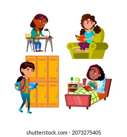School Girls Children Reading Book Set Vector. Schoolgirls Reading Interesting Book In Living Room And Bedroom, Educational Literature At Table And In School. Characters Flat Cartoon Illustrations