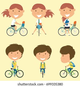 School girls on the bikes vector illustration. Kids go to school. Collection of bicycle rider students. 