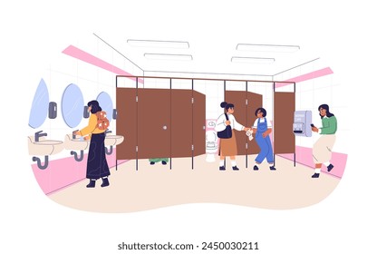 Escolares en baños públicos. Niños en el baño. Niños en WC, baño con cabinas, lavabos. Escolares en el baño, cuarto de higiene. Ilustración vectorial plana aislada sobre fondo blanco