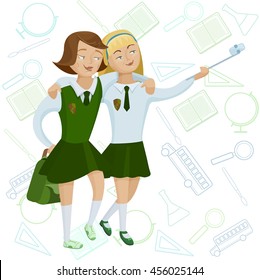 School girls taking selfie. Cartoon characters. Pupils in uniform. Back to school poster, banner, concept