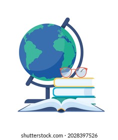 School globe and books. Back to school concept. Classroom earth model on stand. Sphere map of continent and ocean. Geography learning tool. Vector illustration