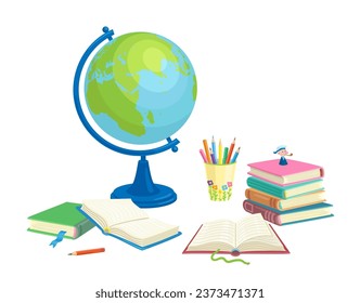 School globe, books, funny toy and glass of colored pencils. Isolated on white background. Vector flat illustration