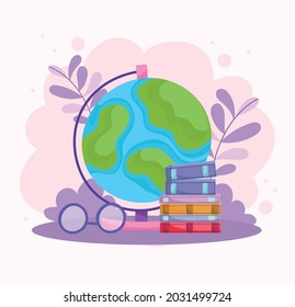 Schulglocke und Bücher mit Brille