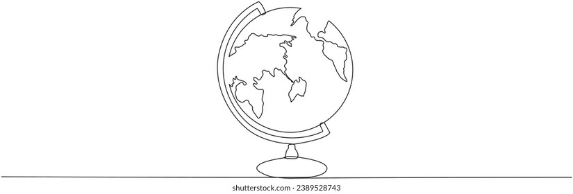Schulglocke mit kontinuierlicher Linienzeichnung. Weltkarte handgezeichnet lineares Symbol. Vektorgrafik einzeln auf Weiß.