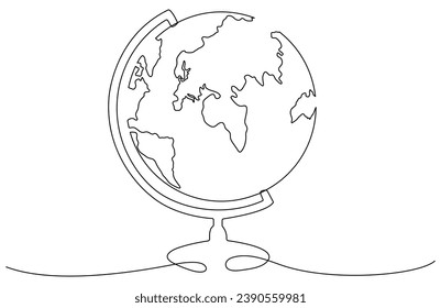 School globe continuous line drawing. World map hand drawn linear symbol. Vector illustration isolated on white.