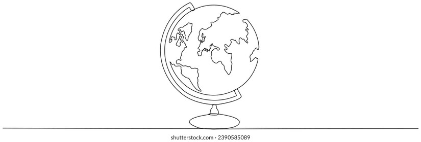 School globe continuous line drawing. World map hand drawn linear symbol. Vector illustration isolated on white. Not AI.