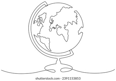 School globe continuous line drawing. World map hand drawn linear symbol. Vector illustration isolated on white.
