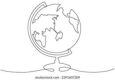 School globe continuous line drawing. World map hand drawn linear symbol. Vector illustration isolated on white.
