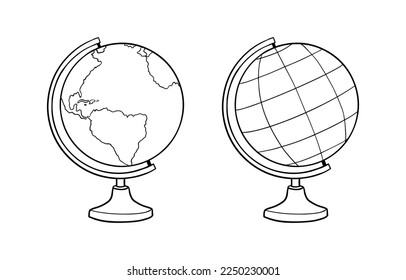 School Globe Doodle Sketch. Hand drawn globe on a stand. Model of the Earth. Education equipment. Coloring page. Isolated vector illustration