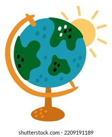 School globe. Educational Earth model. Planet with continents and oceans. Animal students study geography. World cartography knowledges. Kids lesson. Globus map. Vector
